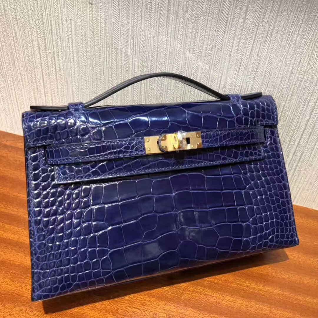 Hong Kong Hermes Minikelly Pochette M3墨水蓝Blue Encre 亮面方块 美洲鳄鱼