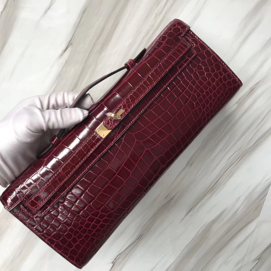 Malaysia Hermes Kellycut 31cm CK57波爾多酒紅Bordeaux HCP亮面倒V澳洲灣鱷