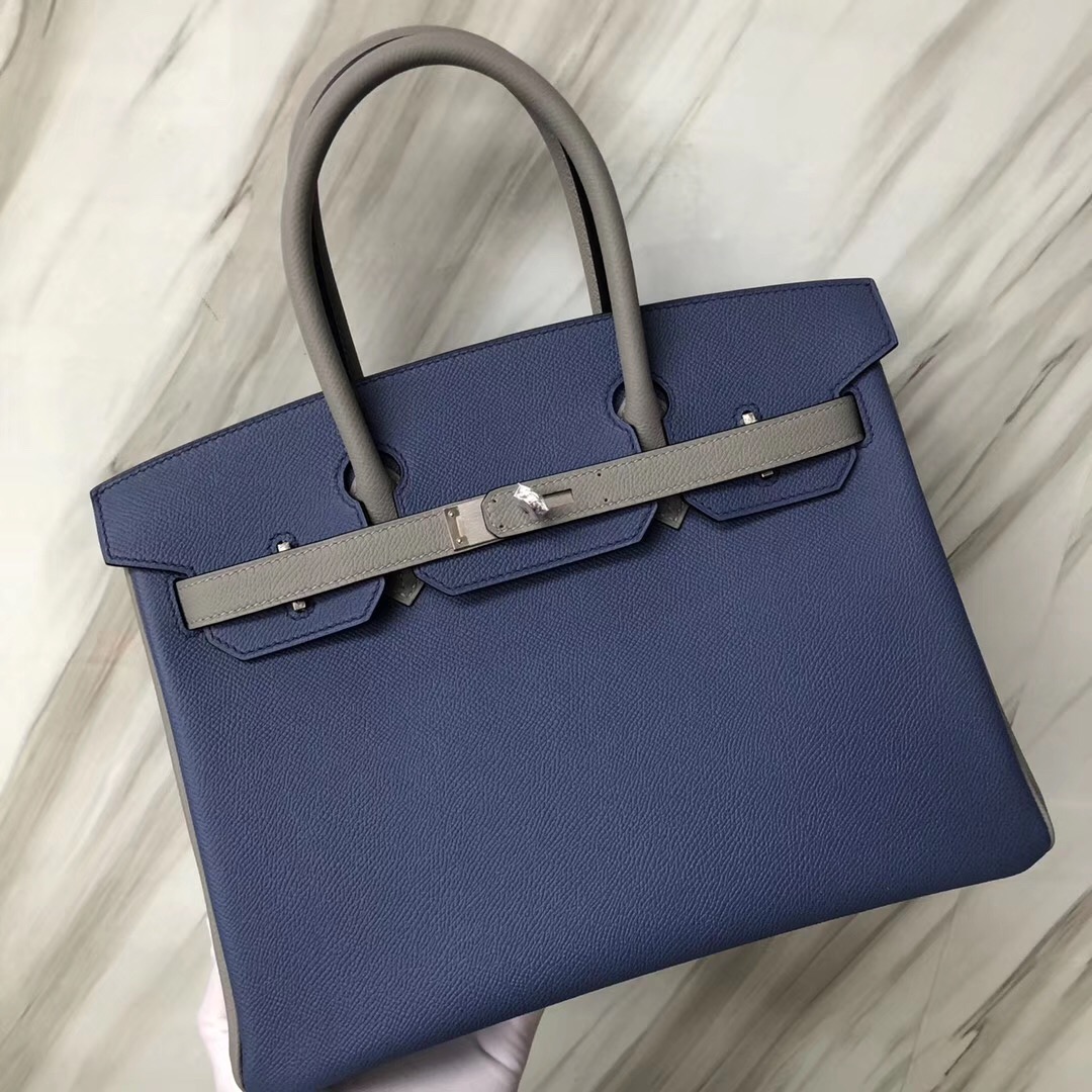 Hermes Birkin 30 Epsom CCR2瑪瑙藍blue agate/4Z海鷗灰Gris Mouette