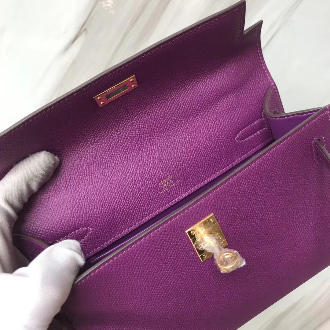 Hermes MiniKelly Pochette 22cm P9海葵紫 Anémone Epsom 手掌纹皮
