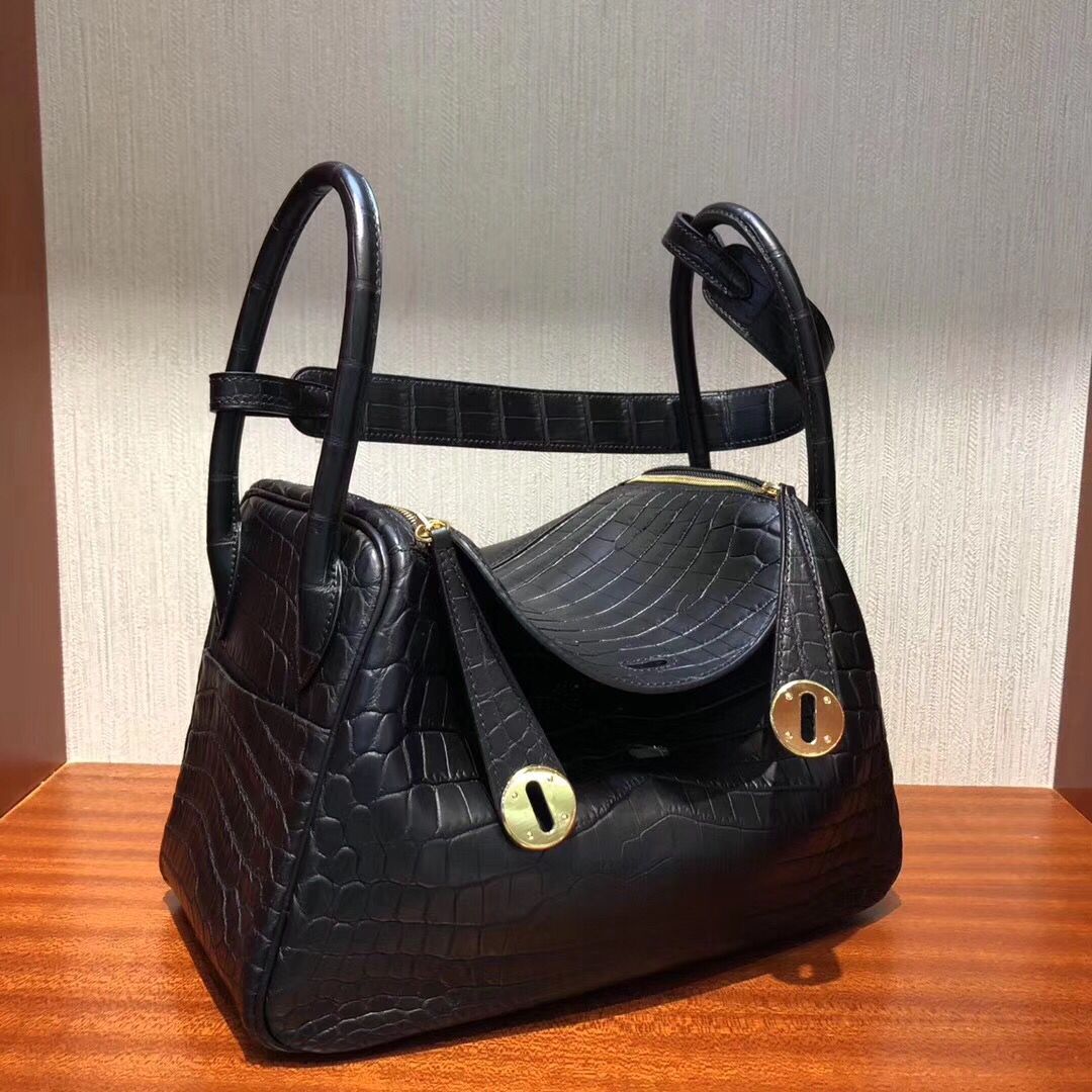 愛馬仕琳迪包定制Hermes lindy Bag 26 CK89黑色 Noir 霧面兩點鱷魚