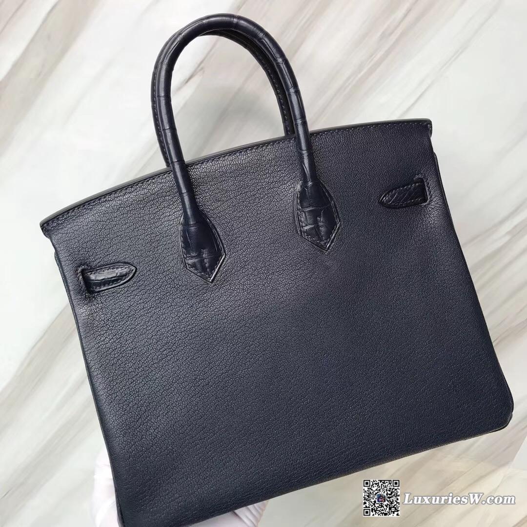 Hermes Touch Birkin 25 CK73寶石藍Chevre/Alligator crocodile