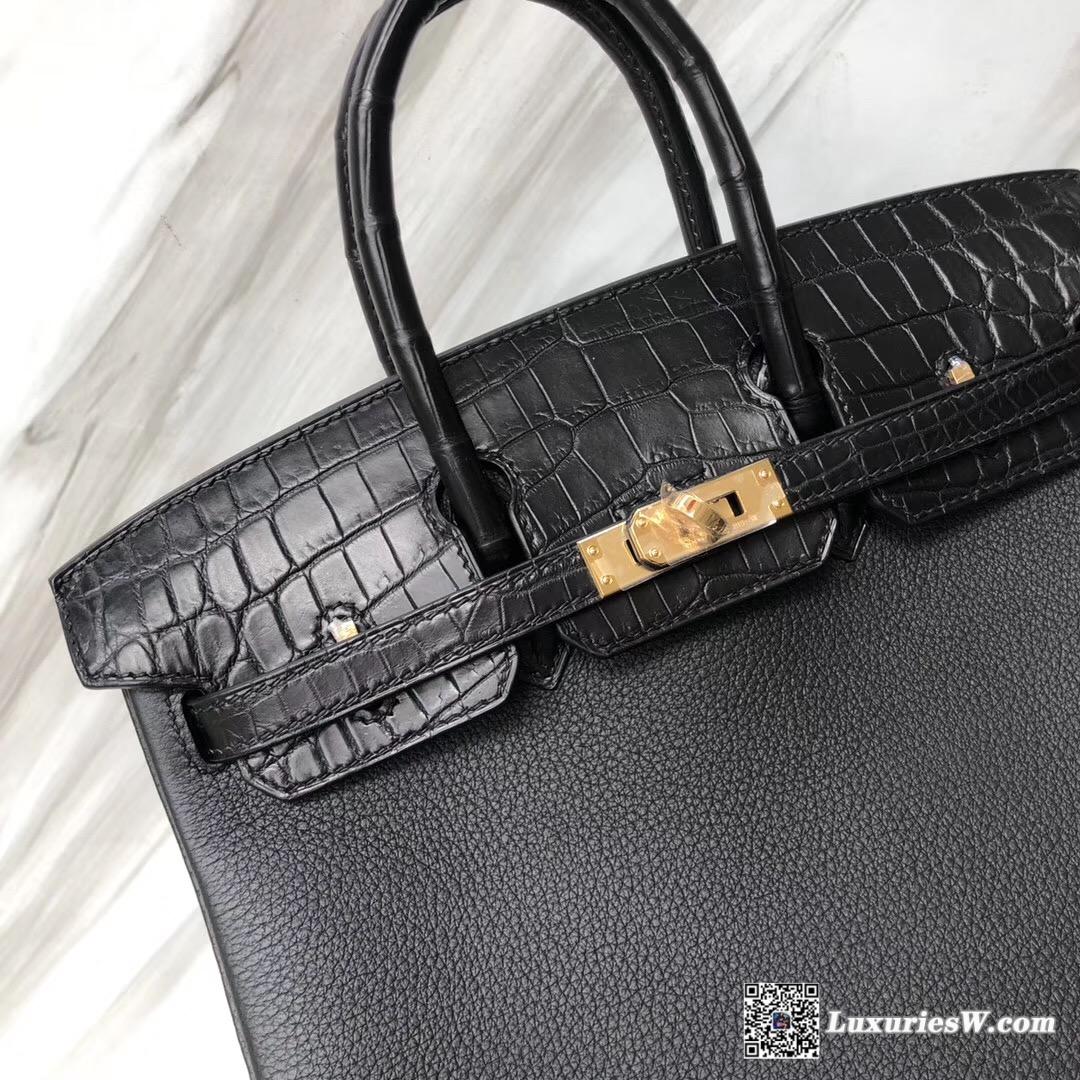 Hermès Birkin 25cm Touch Togo拼霧面兩點尼羅鱷 nilo crocodile CK89 Black