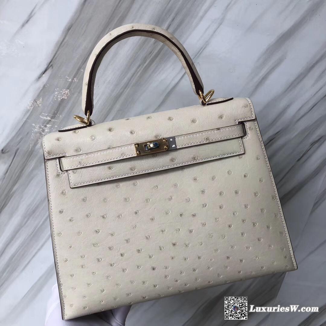 愛馬仕臺灣定制服務精品店Hermes Kelly 25 3C羊毛白 Ostrich kk南非鴕鳥皮