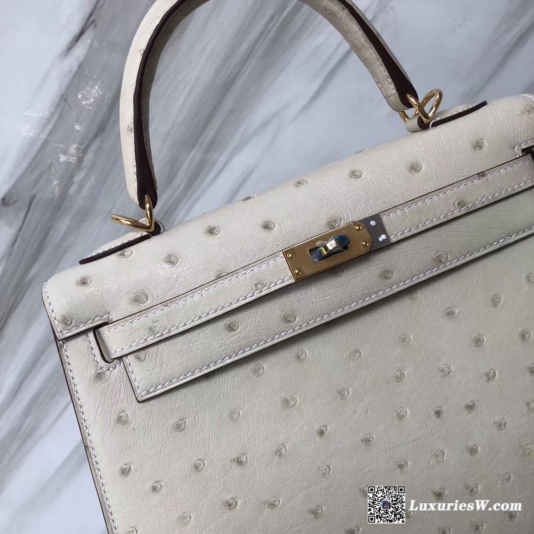 愛馬仕臺灣定制服務精品店Hermes Kelly 25 3C羊毛白 Ostrich kk南非鴕鳥皮