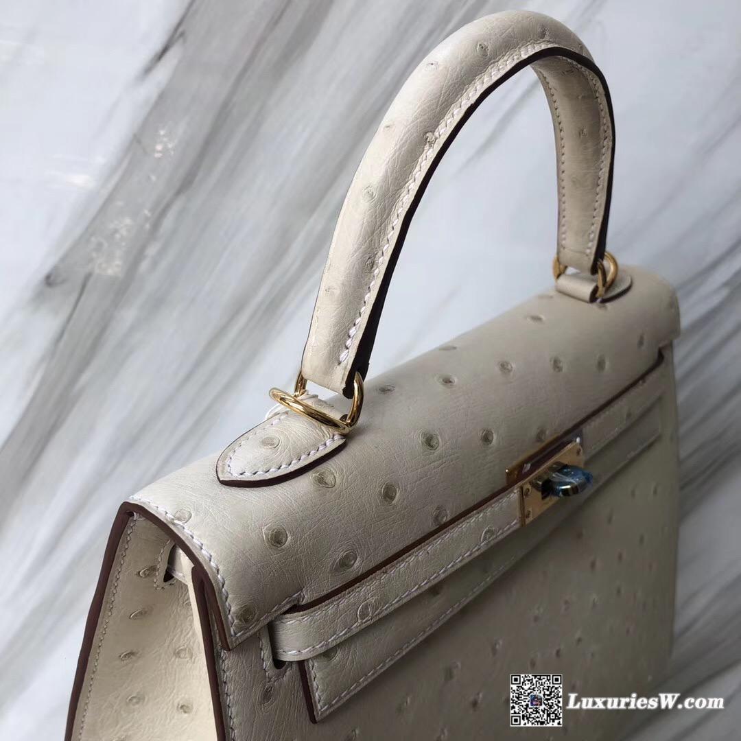 愛馬仕臺灣定制服務精品店Hermes Kelly 25 3C羊毛白 Ostrich kk南非鴕鳥皮