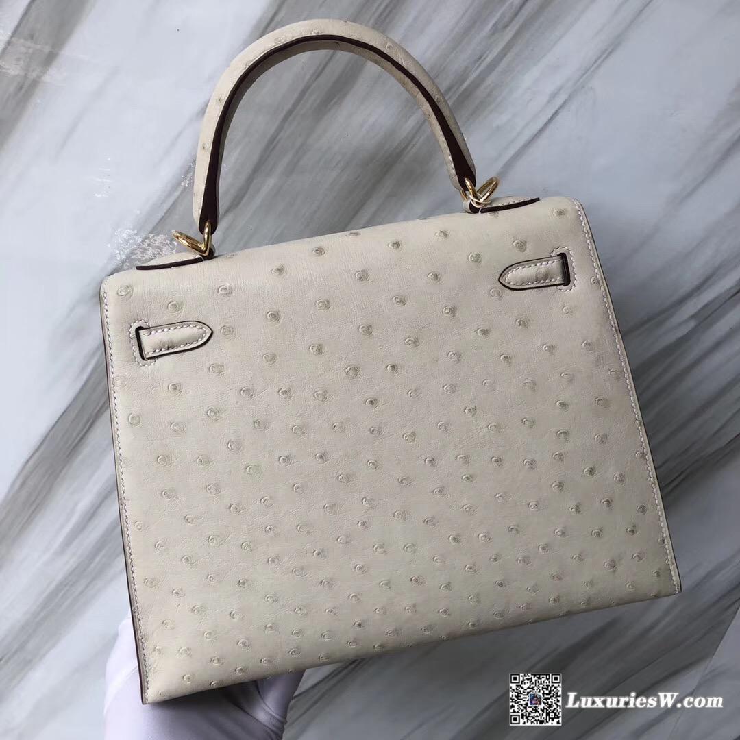 愛馬仕臺灣定制服務精品店Hermes Kelly 25 3C羊毛白 Ostrich kk南非鴕鳥皮