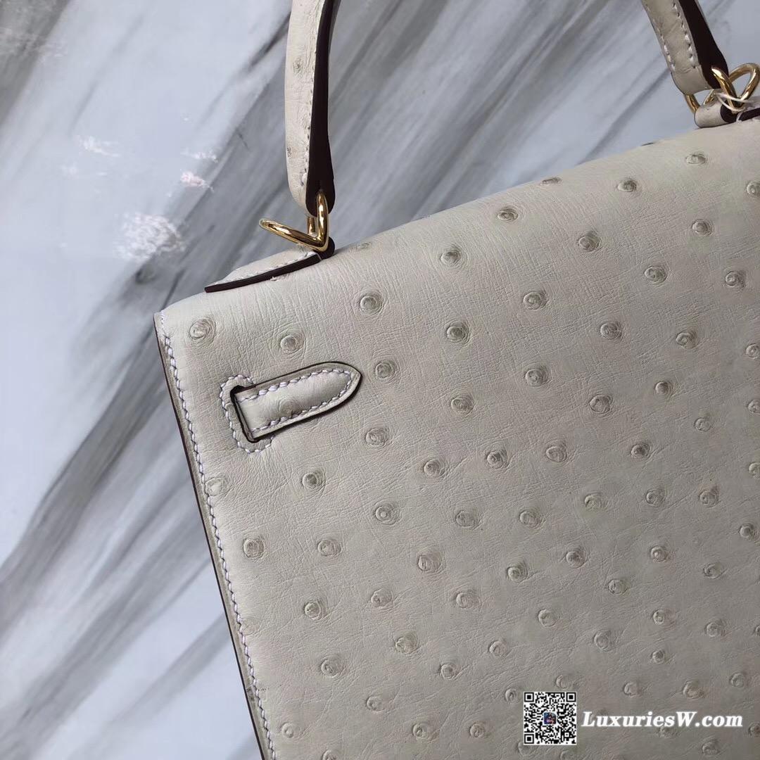 愛馬仕臺灣定制服務精品店Hermes Kelly 25 3C羊毛白 Ostrich kk南非鴕鳥皮