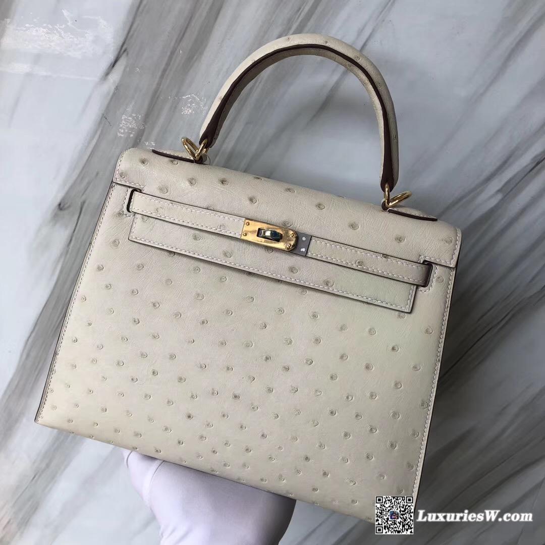 愛馬仕臺灣定制服務精品店Hermes Kelly 25 3C羊毛白 Ostrich kk南非鴕鳥皮