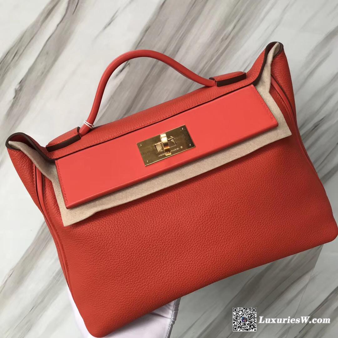 香港愛馬仕專賣店 Hermès Kelly 24 24 Maurice拼Swift 8v罌粟橘 銀扣