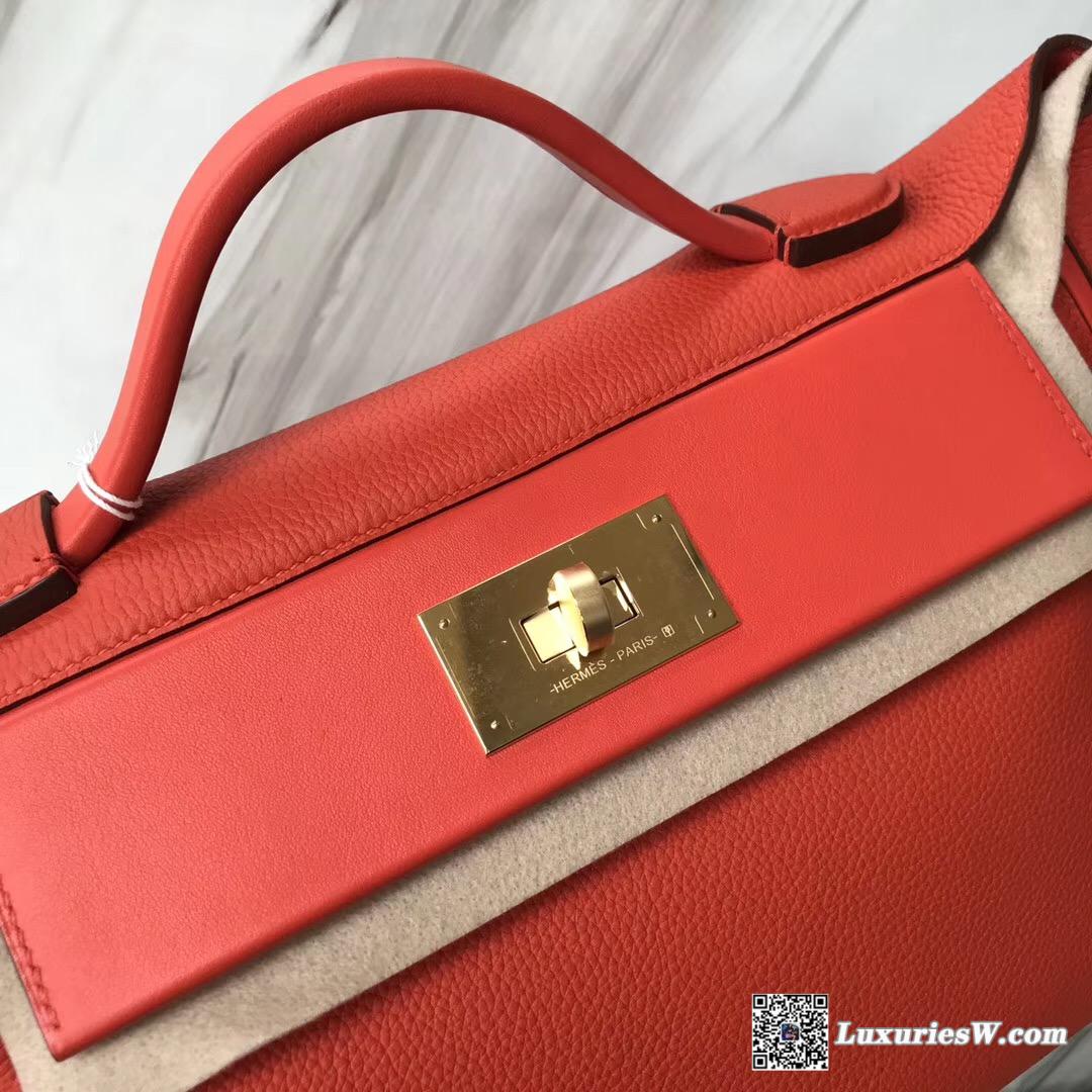 香港愛馬仕專賣店 Hermès Kelly 24 24 Maurice拼Swift 8v罌粟橘 銀扣