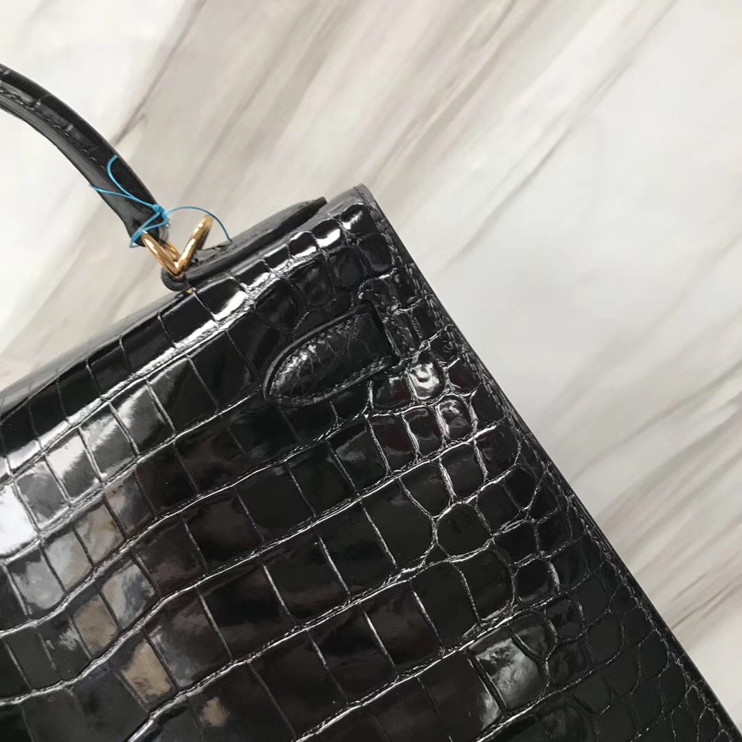 愛馬仕凱莉包價格 Hermes Kelly 28 black CK89 HCP倒V 野生澳洲灣鱷