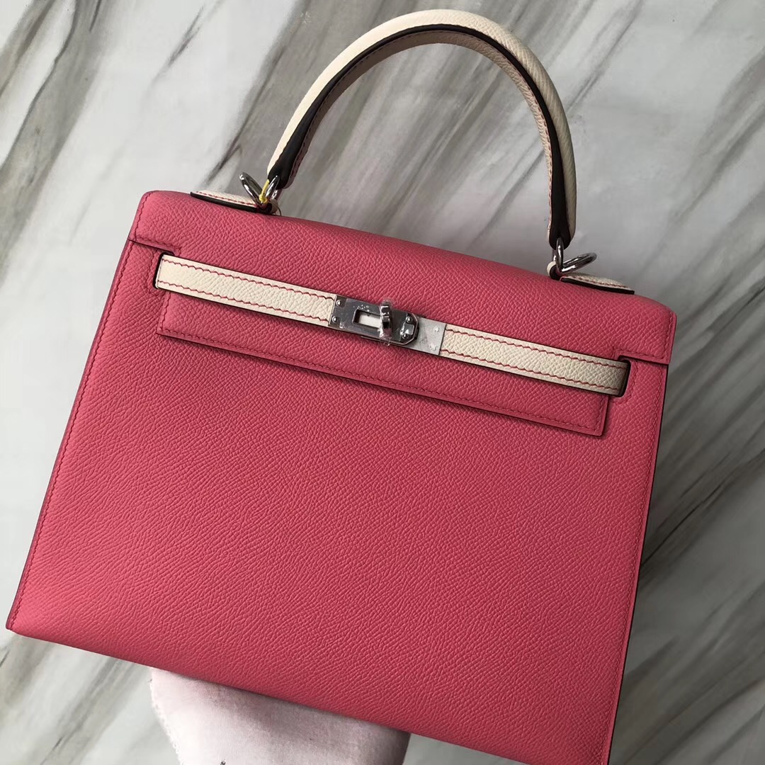 Hermès Kelly 25cm Epsom HSS 8W Rose azalee 新唇膏粉/CK10 Craie 奶昔白