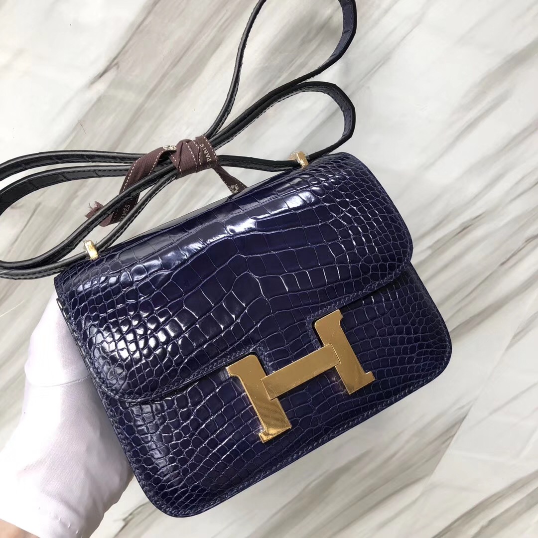 Hermes Constance 19cm Bag 亮面方塊 美洲鱷 M3墨水藍 Blue Encre