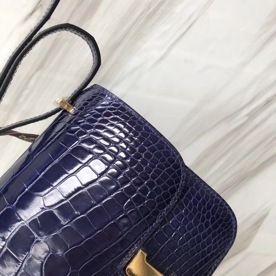 Hermes Constance 19cm Bag 亮面方塊 美洲鱷 M3墨水藍 Blue Encre