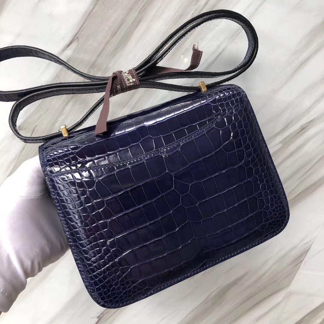 Hermes Constance 19cm Bag 亮面方塊 美洲鱷 M3墨水藍 Blue Encre