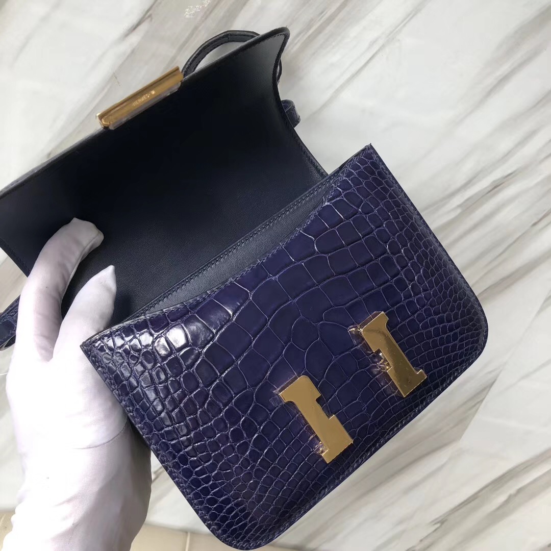 Hermes Constance 19cm Bag 亮面方塊 美洲鱷 M3墨水藍 Blue Encre