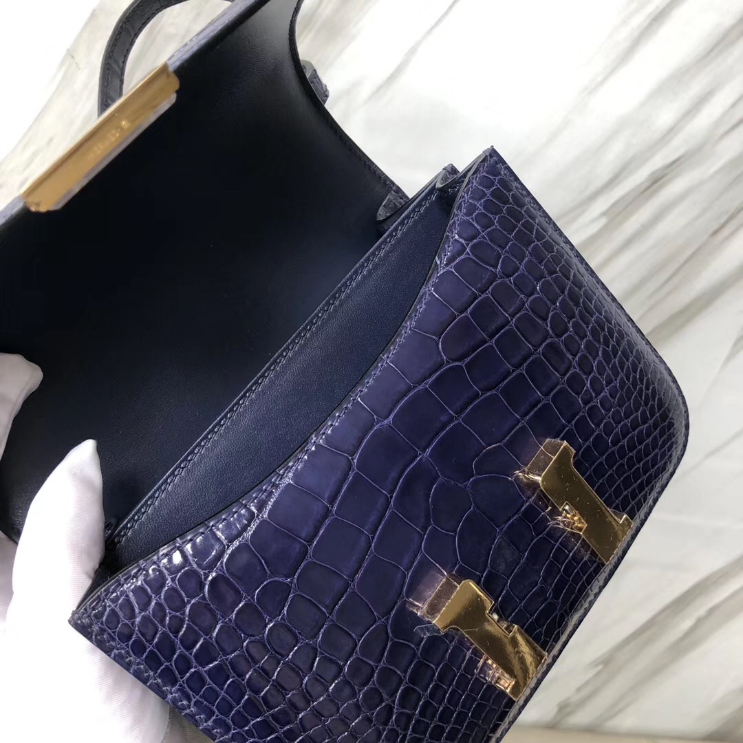 Hermes Constance 19cm Bag 亮面方塊 美洲鱷 M3墨水藍 Blue Encre