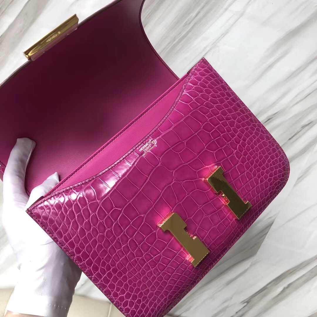 Hermes Constance 24cm 美洲鱷 J5天方夜譚粉紫 Rose Sheheraradez