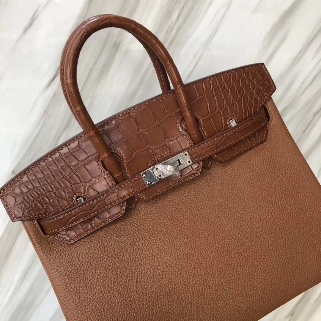 新光三越西門店 Hermes Birkin 25 Touch CK37金棕色 Togo拼霧面美洲鱷