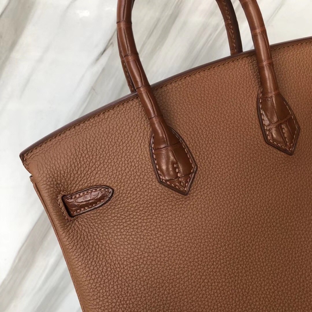 新光三越西門店 Hermes Birkin 25 Touch CK37金棕色 Togo拼霧面美洲鱷