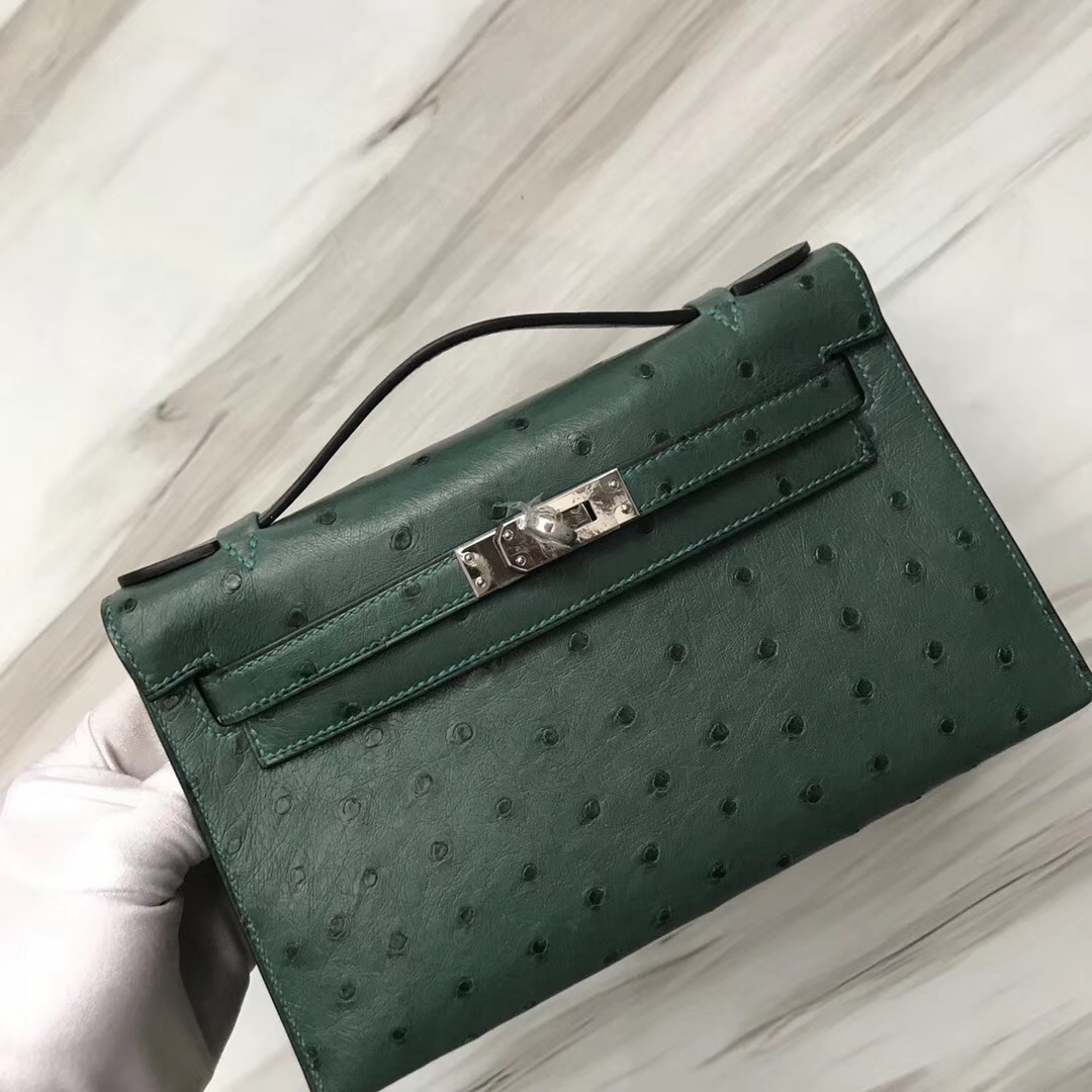 Hermes MiniKelly Pochette Z6孔雀綠 malachite Ostrich KK 南非鴕鳥皮