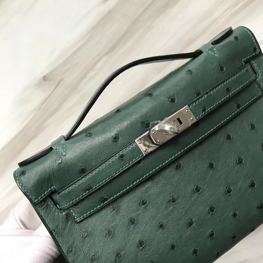 Hermes Mini kelly pochette Ostrich Z6 Malachite Green Gold