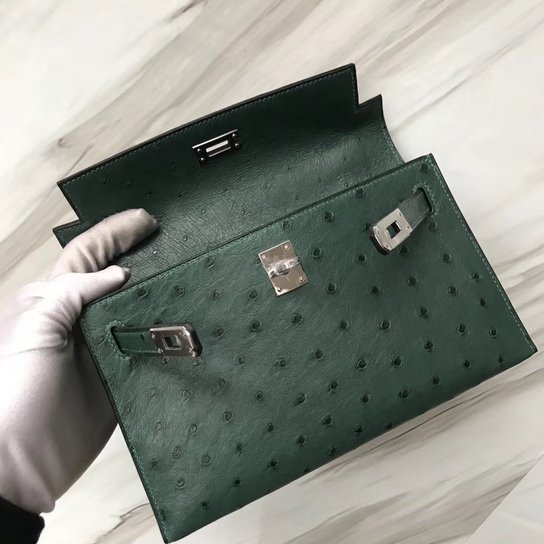 Hermes MiniKelly Pochette Z6孔雀綠 malachite Ostrich KK 南非鴕鳥皮