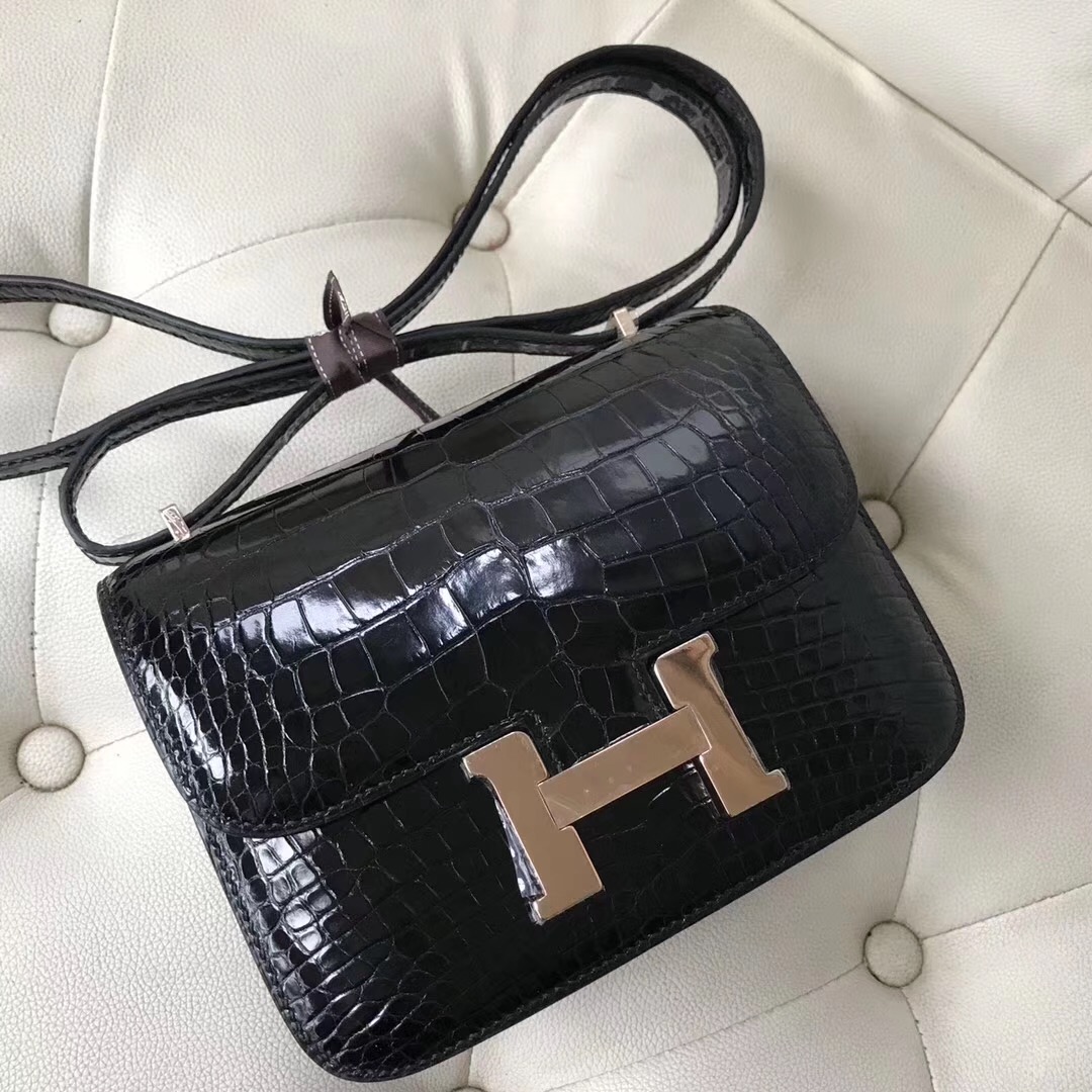 愛馬仕康斯坦斯包 Hermes Constance 19cm 美洲鱷 CK89黑色 玫瑰金扣