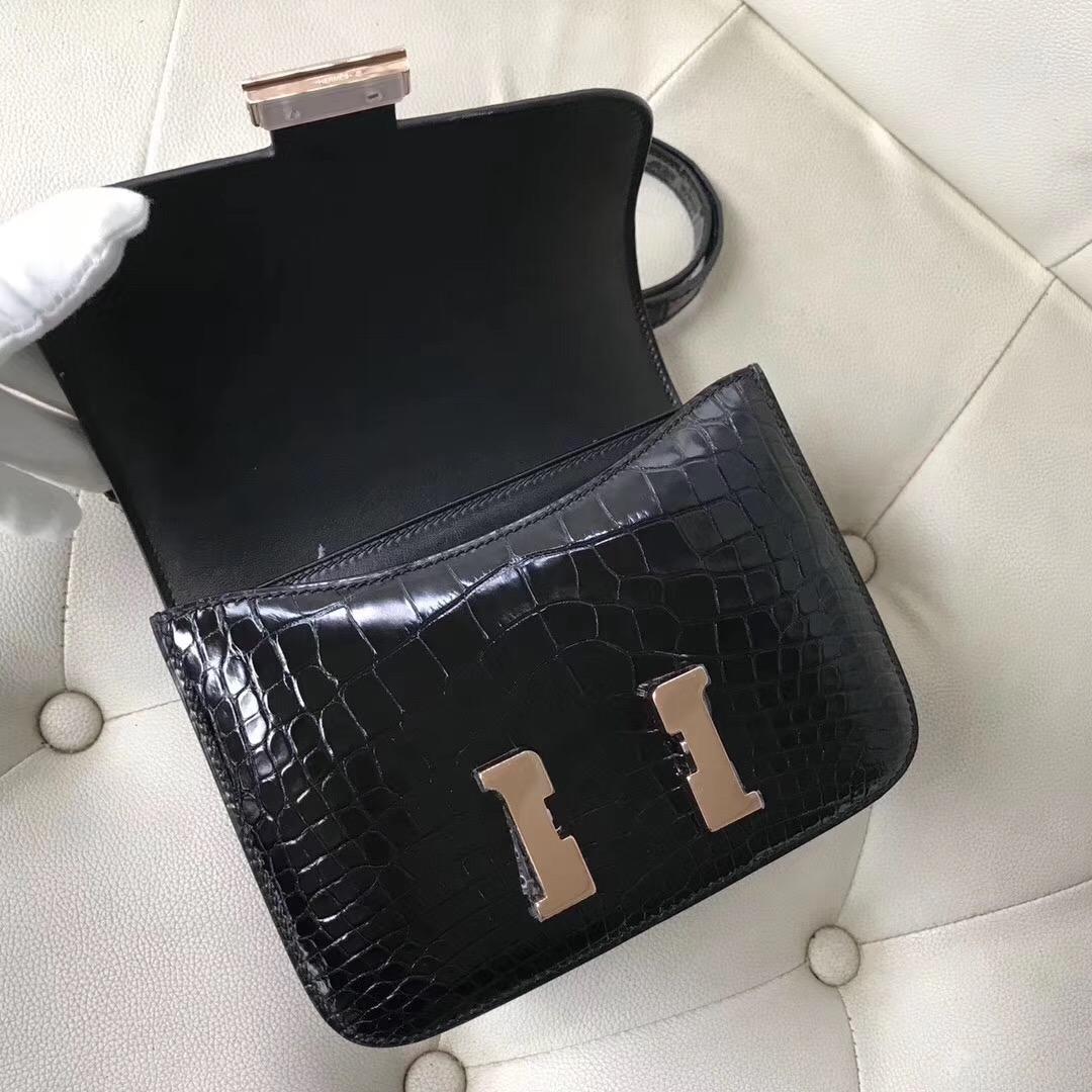 愛馬仕康斯坦斯包 Hermes Constance 19cm 美洲鱷 CK89黑色 玫瑰金扣