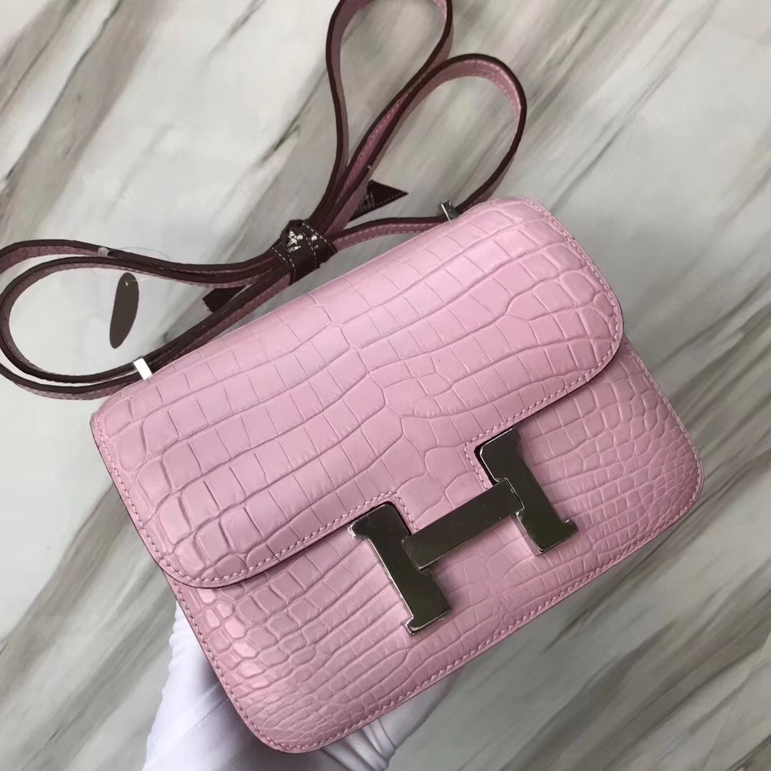 愛馬仕康康包 Hermes constance 19cm mini 5P Pink櫻花粉 霧面兩點尼羅鱷