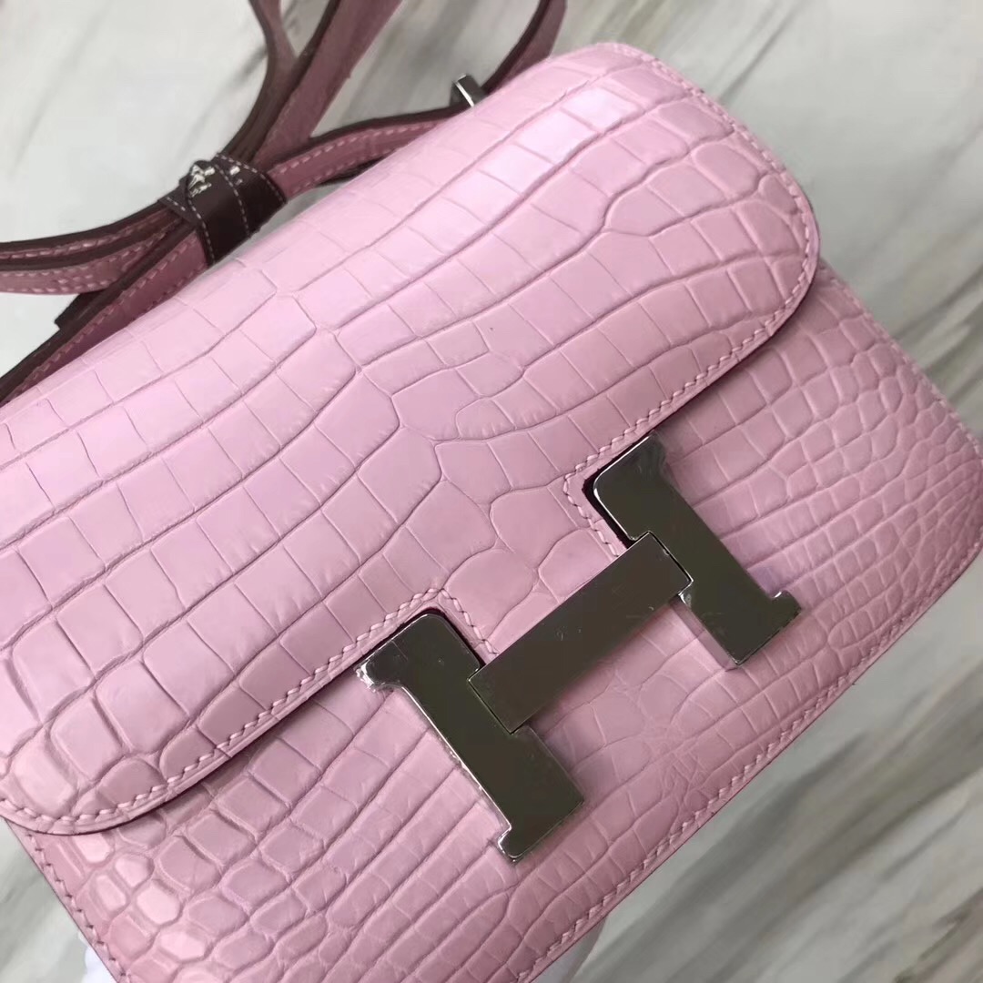 愛馬仕康康包 Hermes constance 19cm mini 5P Pink櫻花粉 霧面兩點尼羅鱷