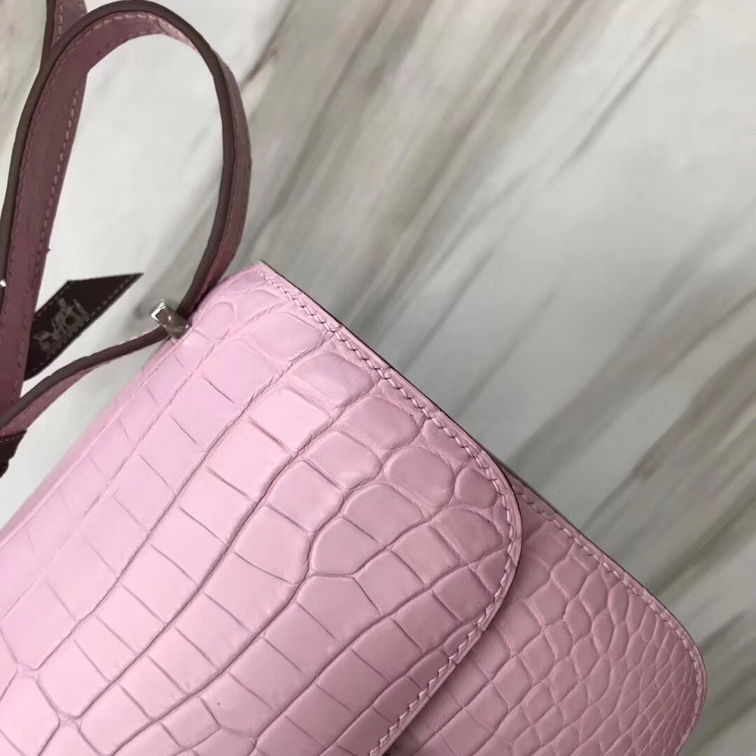 愛馬仕康康包 Hermes constance 19cm mini 5P Pink櫻花粉 霧面兩點尼羅鱷