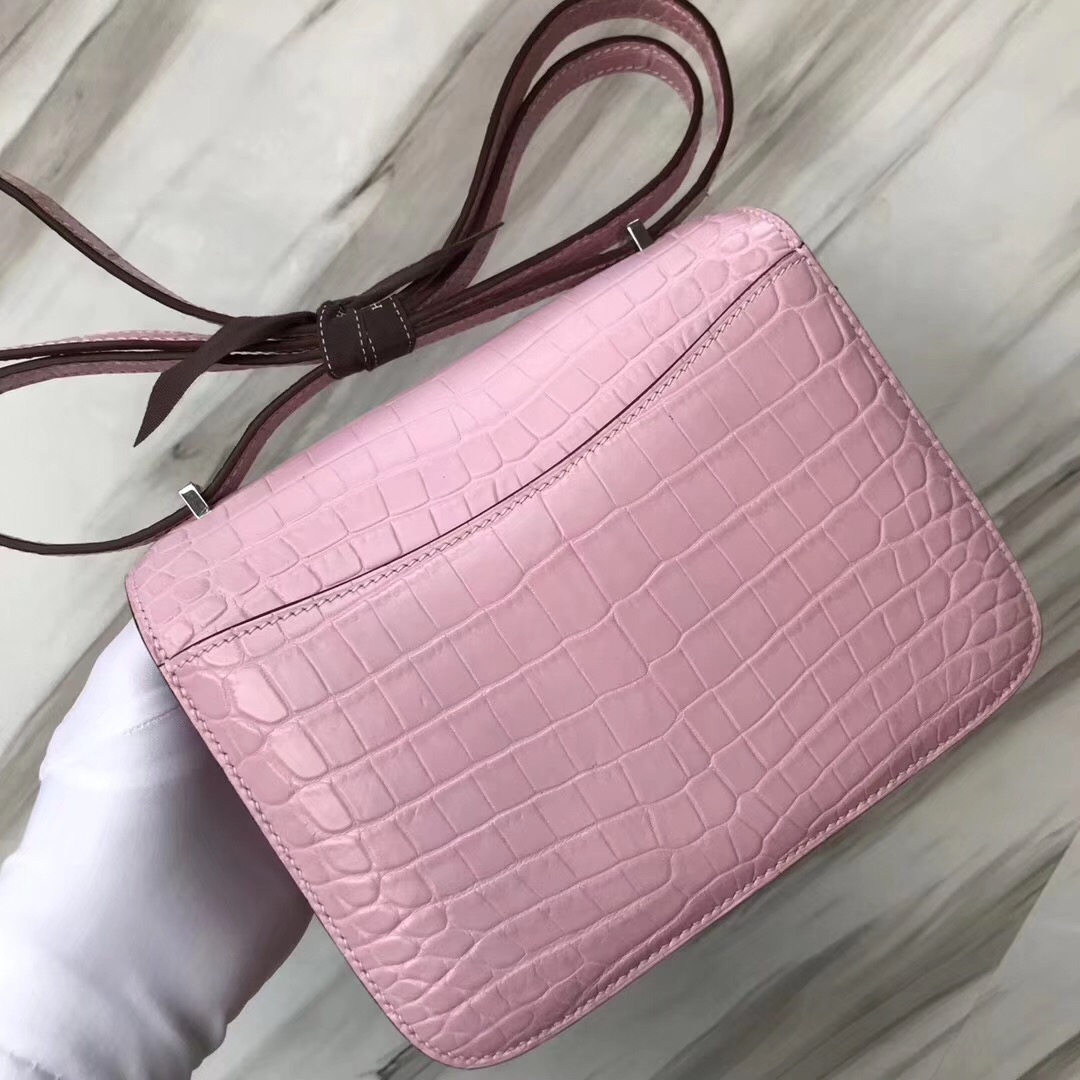 愛馬仕康康包 Hermes constance 19cm mini 5P Pink櫻花粉 霧面兩點尼羅鱷