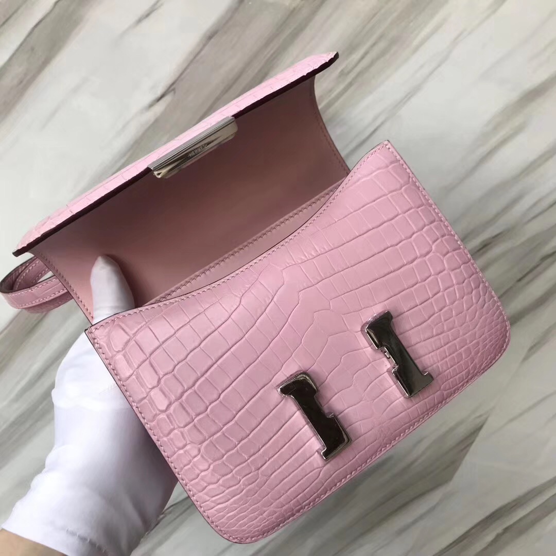 愛馬仕康康包 Hermes constance 19cm mini 5P Pink櫻花粉 霧面兩點尼羅鱷