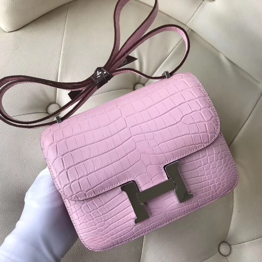 愛馬仕康康包 Hermes constance 19cm mini 5P Pink櫻花粉 霧面兩點尼羅鱷