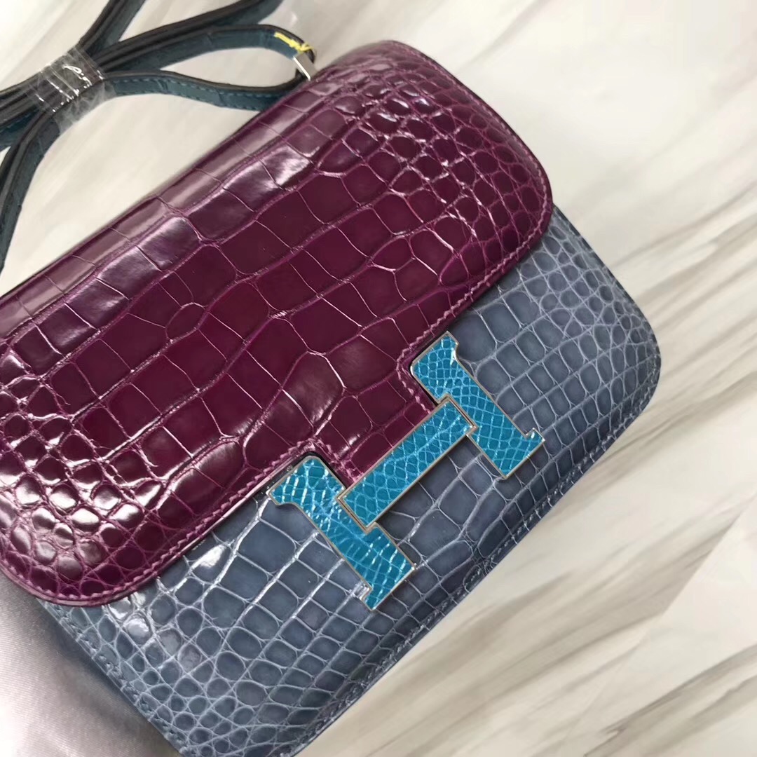 Hermes constance 19cm mini 三拼色美洲鱷 N7風暴藍色 N5加侖紫 7W伊茲密爾藍