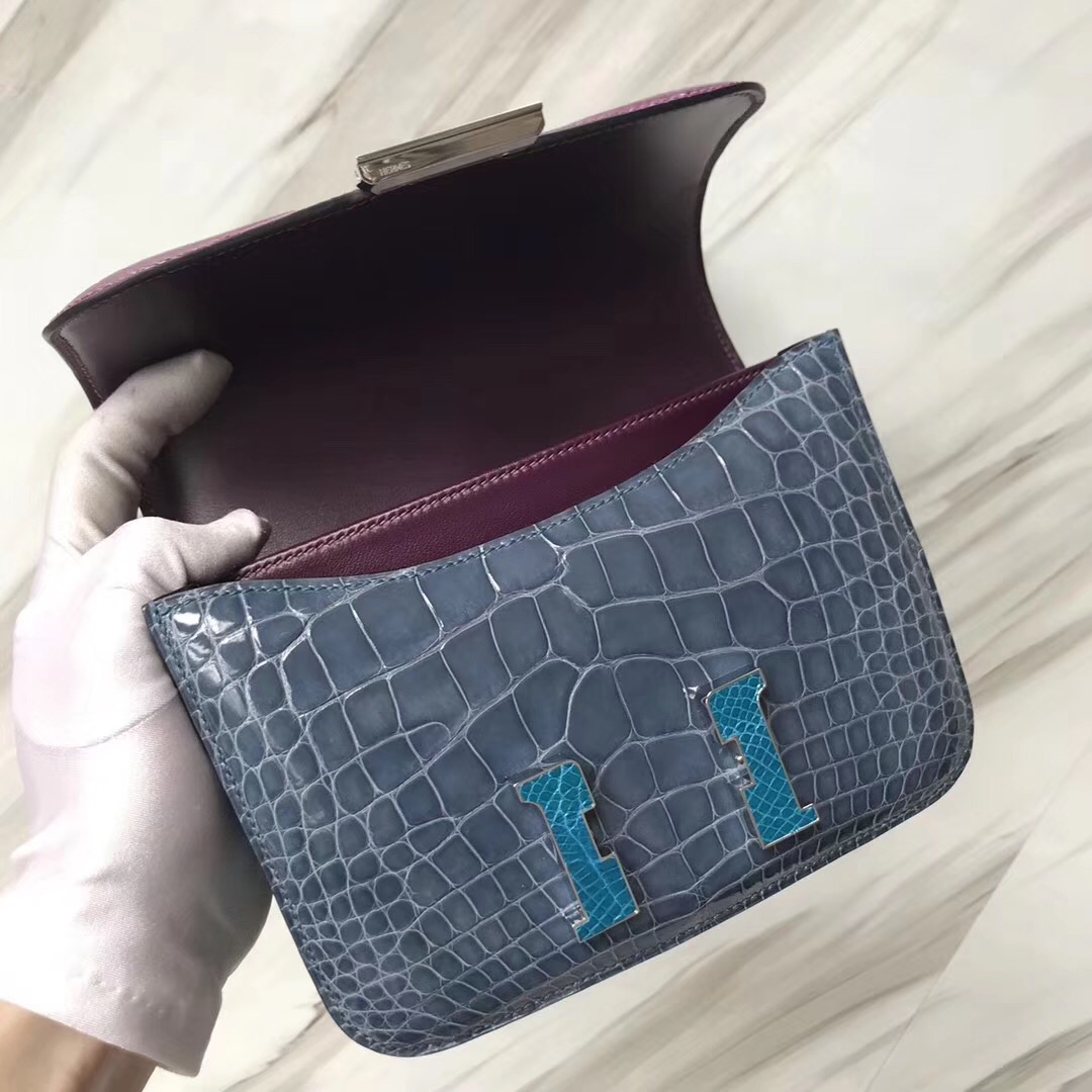 Hermes constance 19cm mini 三拼色美洲鱷 N7風暴藍色 N5加侖紫 7W伊茲密爾藍