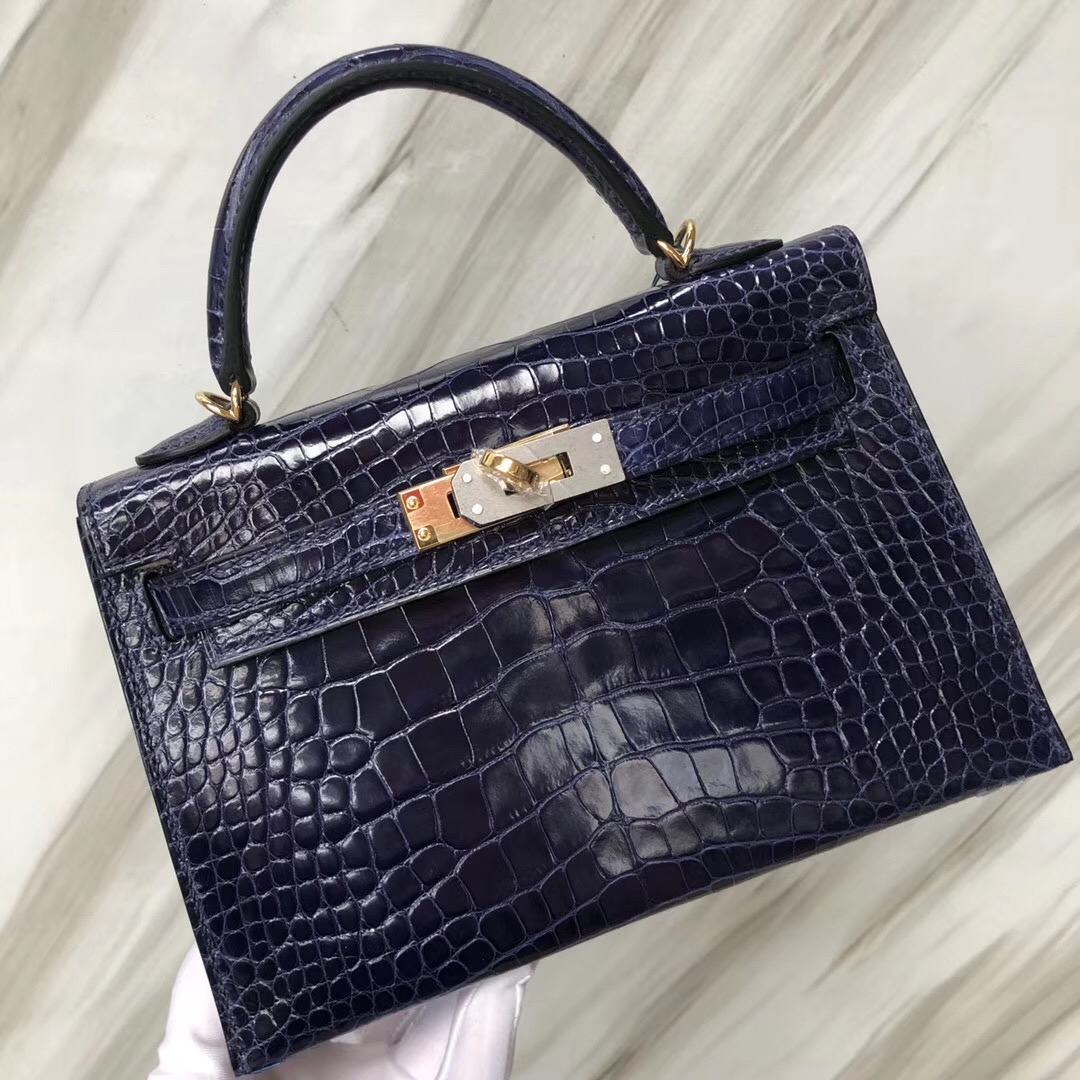 Hong Kong Hermes Kelly mini2代 M3墨水藍 Blue Encre亮面方塊 美洲鱷