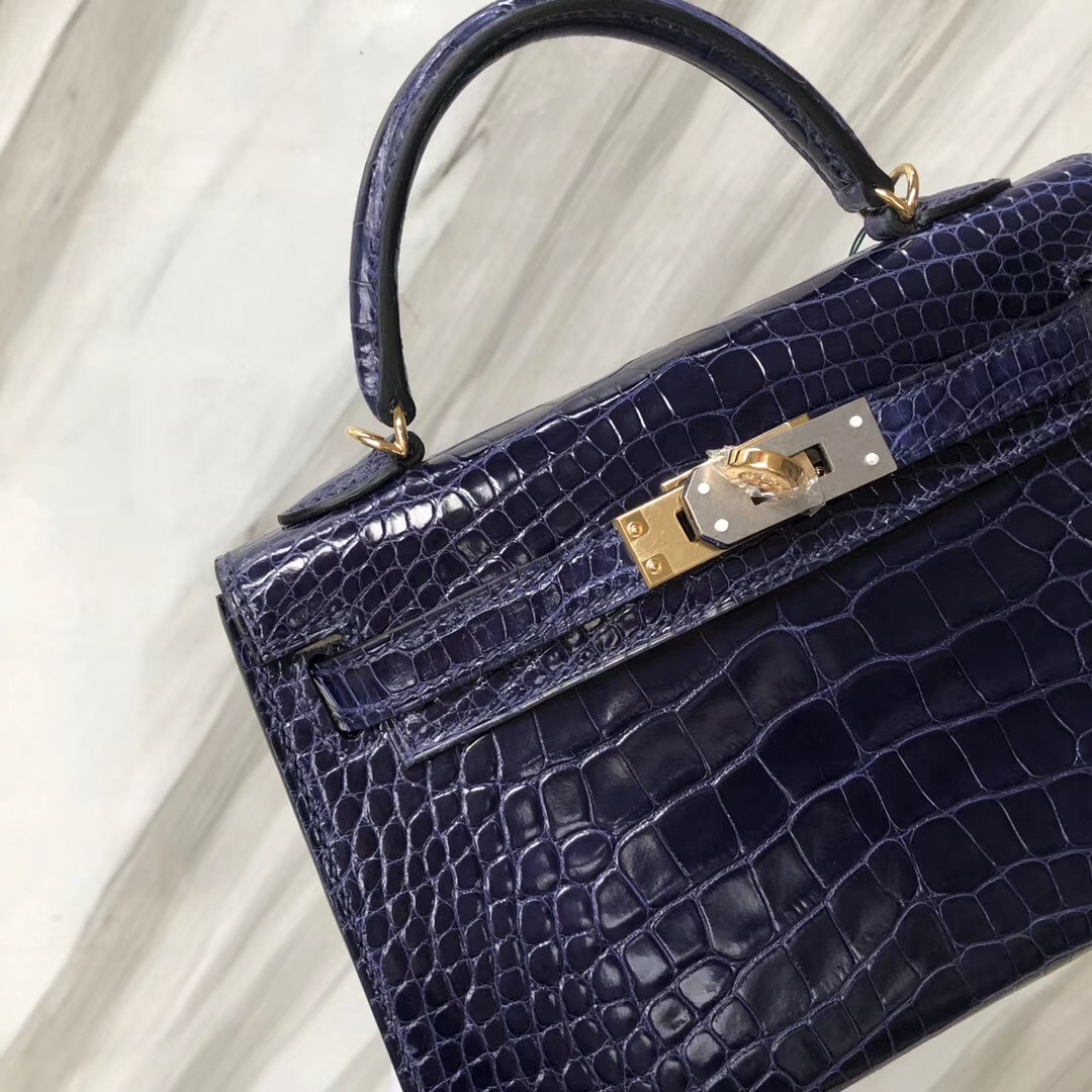 Hong Kong Hermes Kelly mini2代 M3墨水藍 Blue Encre亮面方塊 美洲鱷