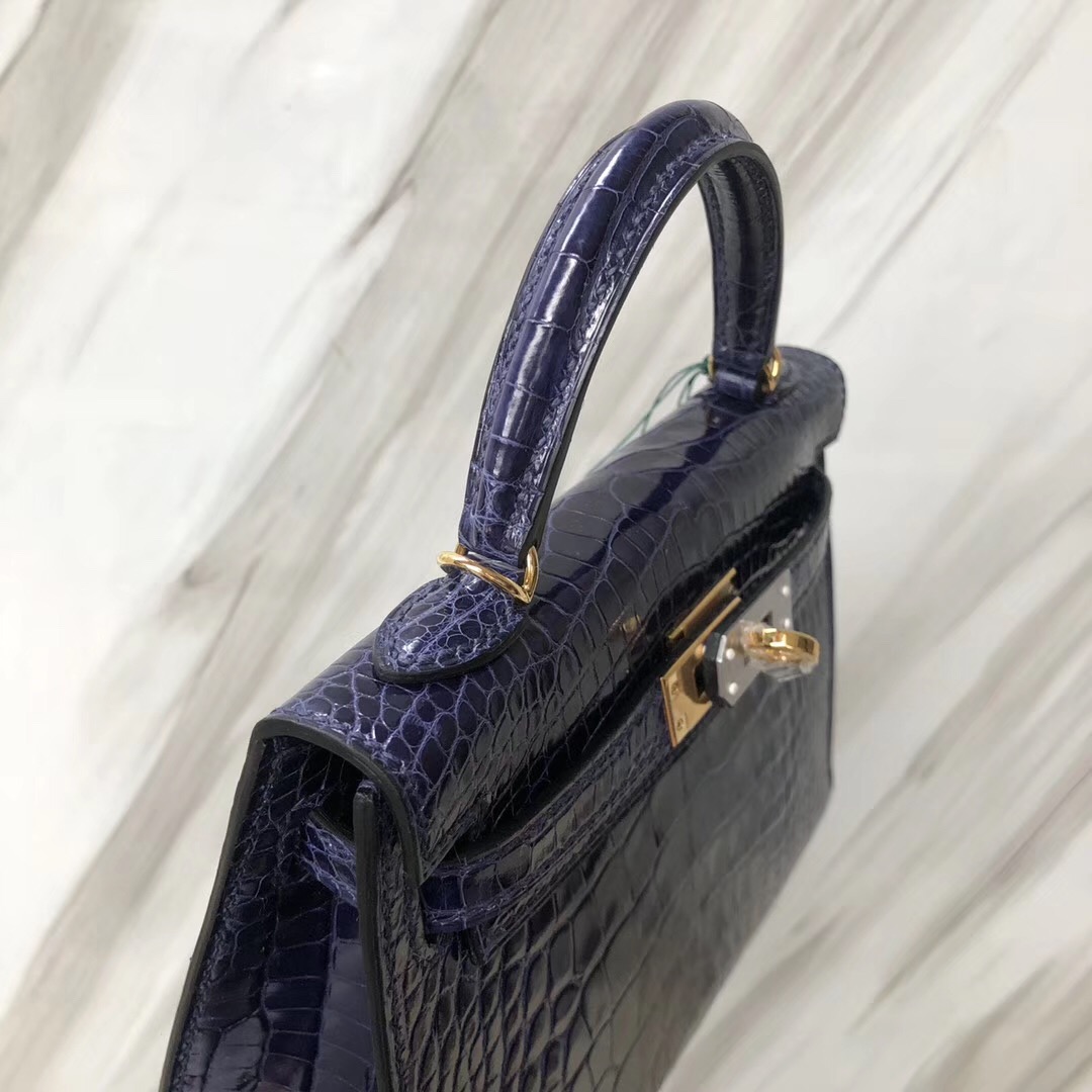 Hong Kong Hermes Kelly mini2代 M3墨水藍 Blue Encre亮面方塊 美洲鱷