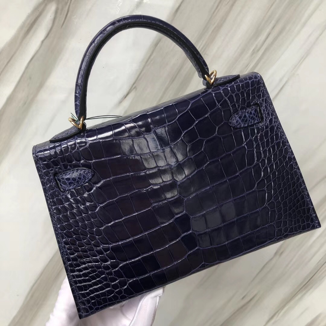 Hong Kong Hermes Kelly mini2代 M3墨水藍 Blue Encre亮面方塊 美洲鱷