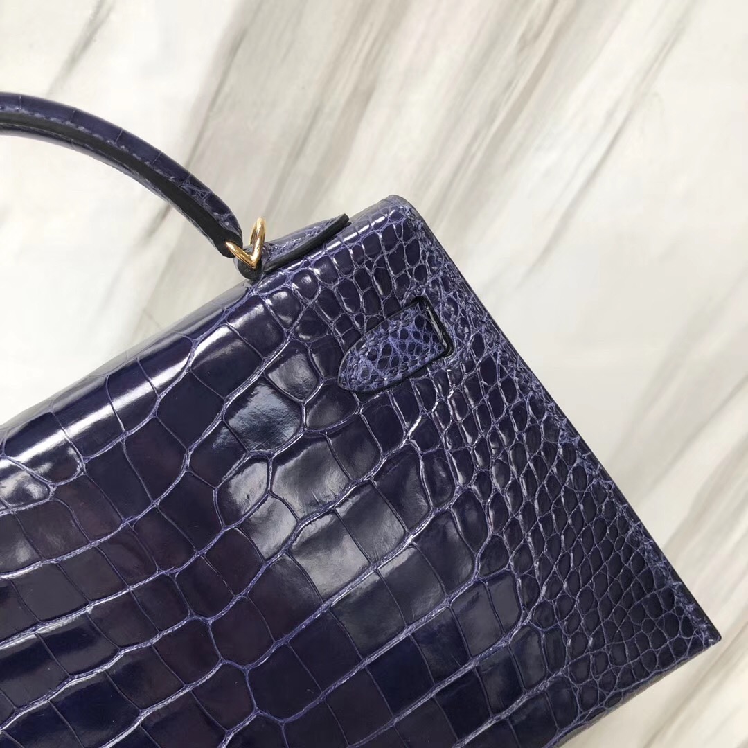 Hong Kong Hermes Kelly mini2代 M3墨水藍 Blue Encre亮面方塊 美洲鱷