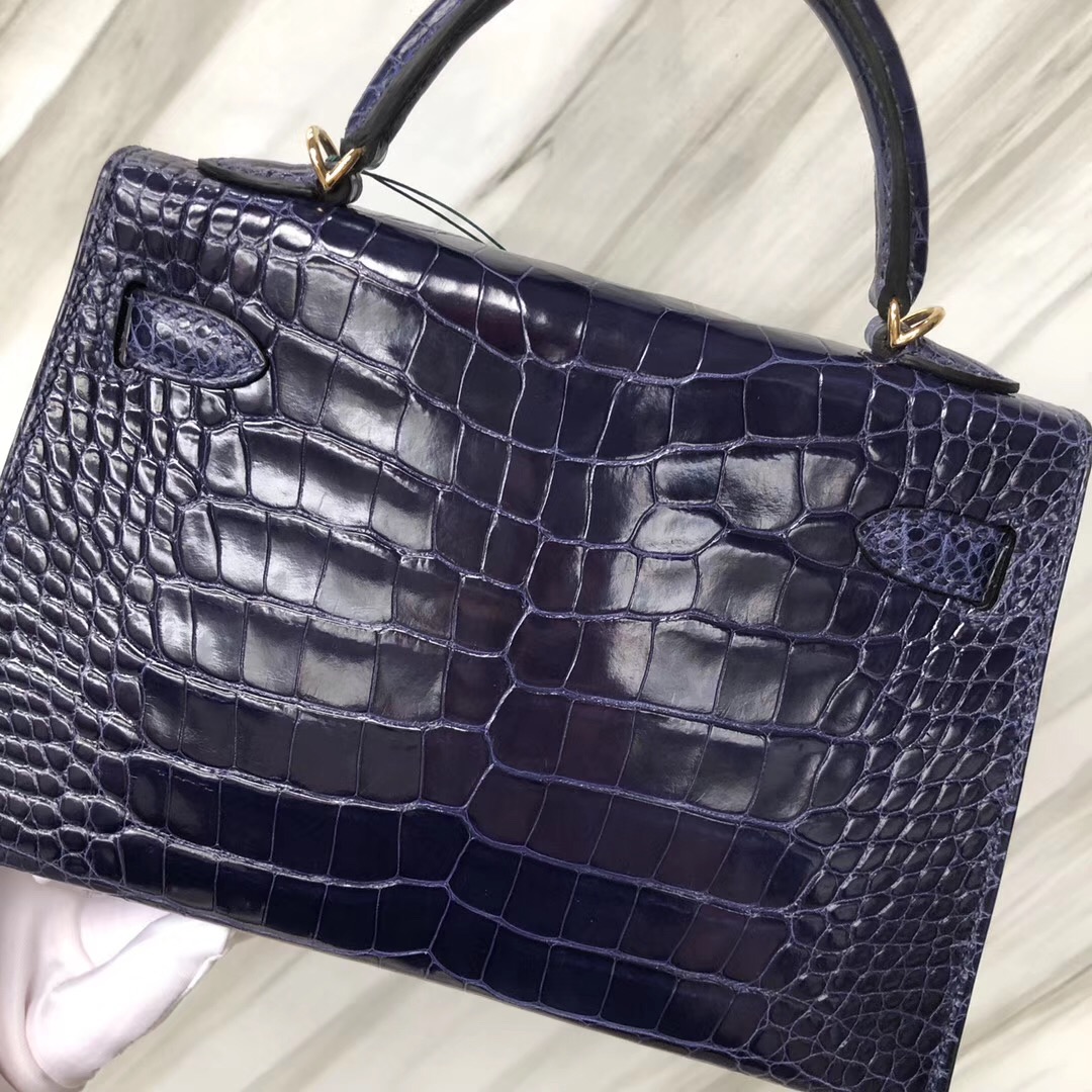 Hong Kong Hermes Kelly mini2代 M3墨水藍 Blue Encre亮面方塊 美洲鱷