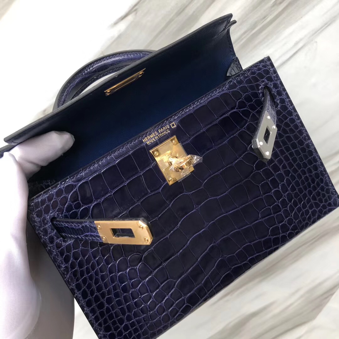 Hong Kong Hermes Kelly mini2代 M3墨水藍 Blue Encre亮面方塊 美洲鱷