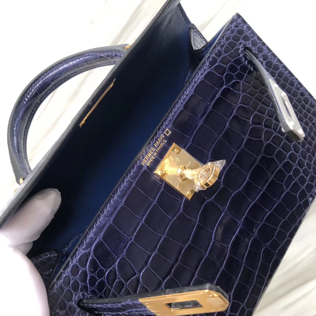 Hong Kong Hermes Kelly mini2代 M3墨水藍 Blue Encre亮面方塊 美洲鱷