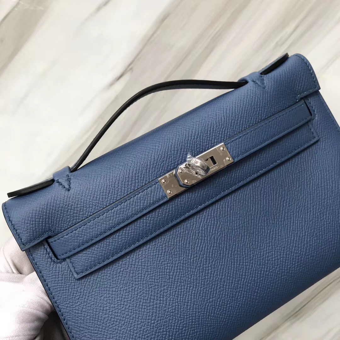 Hermes MiniKelly pochette 7R azur 霧霾藍 Epsom手掌紋牛皮