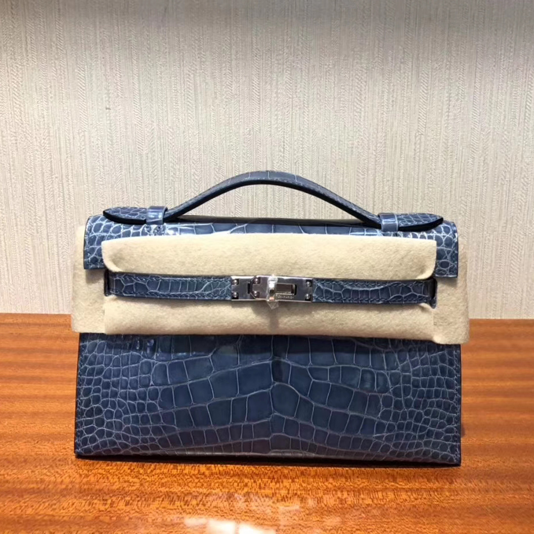 Hermes Minikelly Pochette N7風暴藍Blue Tempete 亮面方塊 美洲鱷