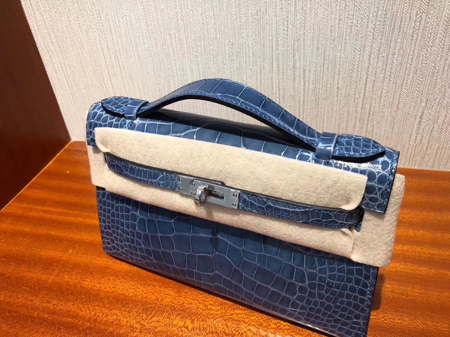 Hermes Minikelly Pochette N7風暴藍Blue Tempete 亮面方塊 美洲鱷