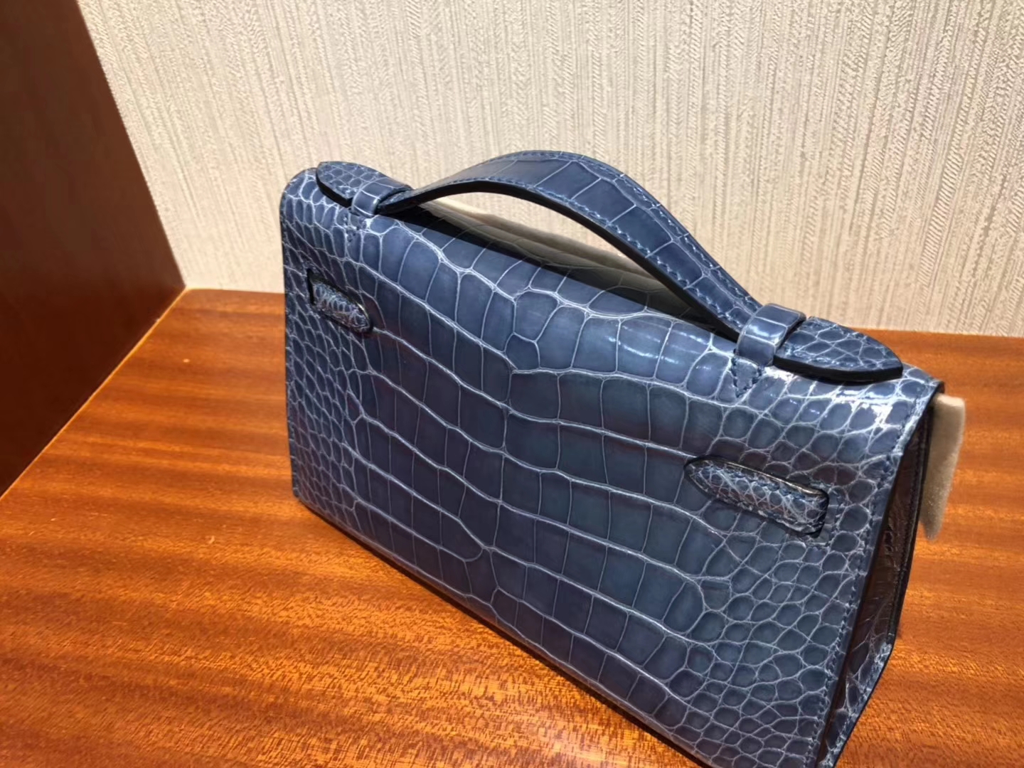 Hermes Minikelly Pochette N7風暴藍Blue Tempete 亮面方塊 美洲鱷